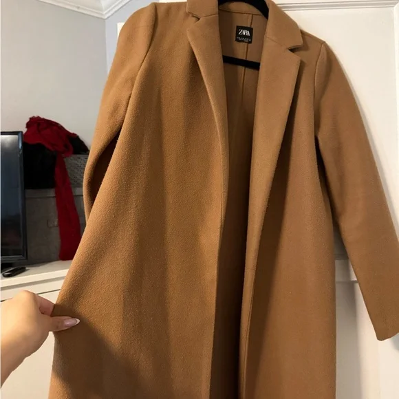 Zara Camel Brown Long Open-Front Trench Coat - Picture 6 of 6